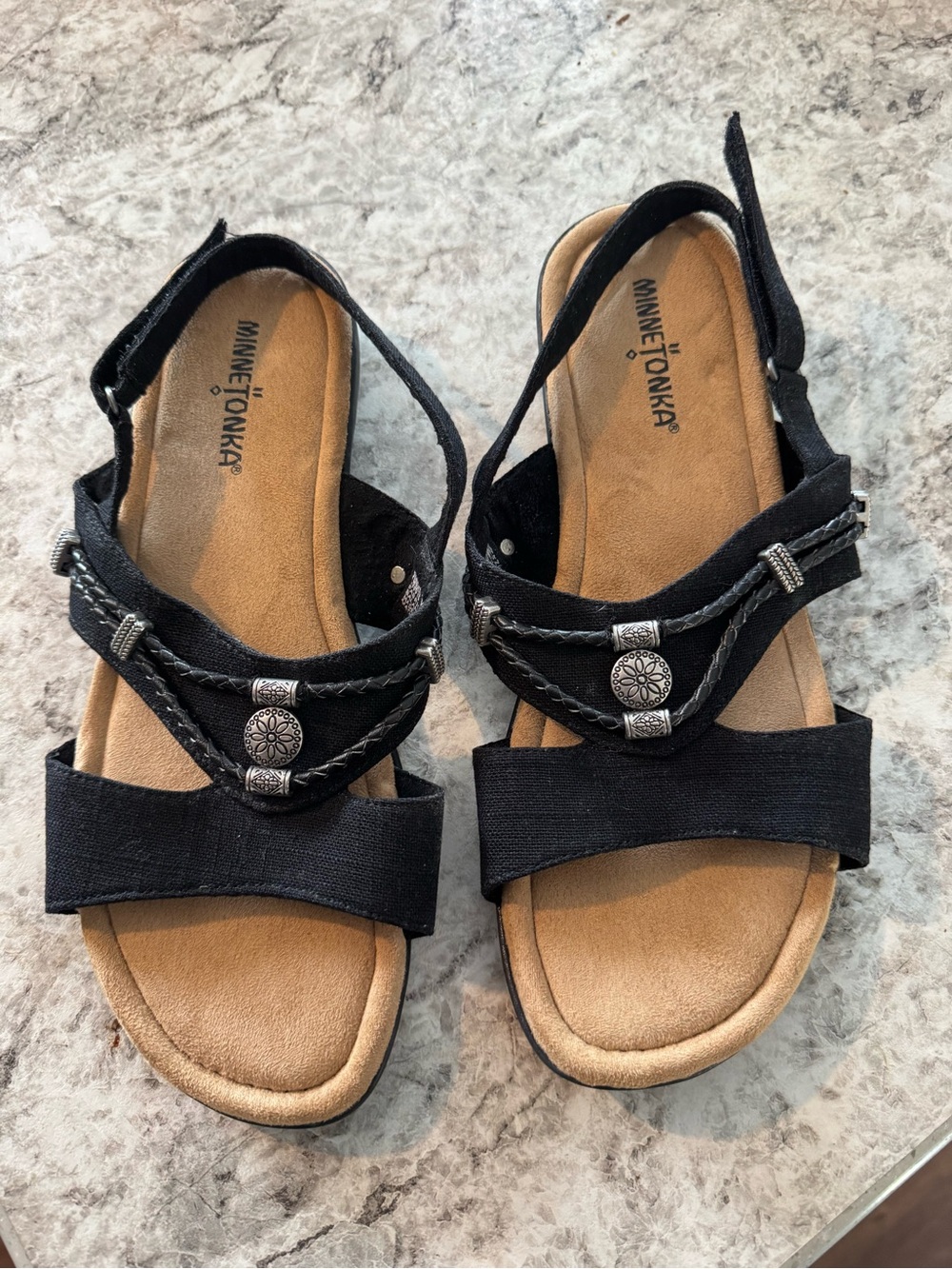 Minnetonka Black Braided Slingback Sandals with Silver Accents